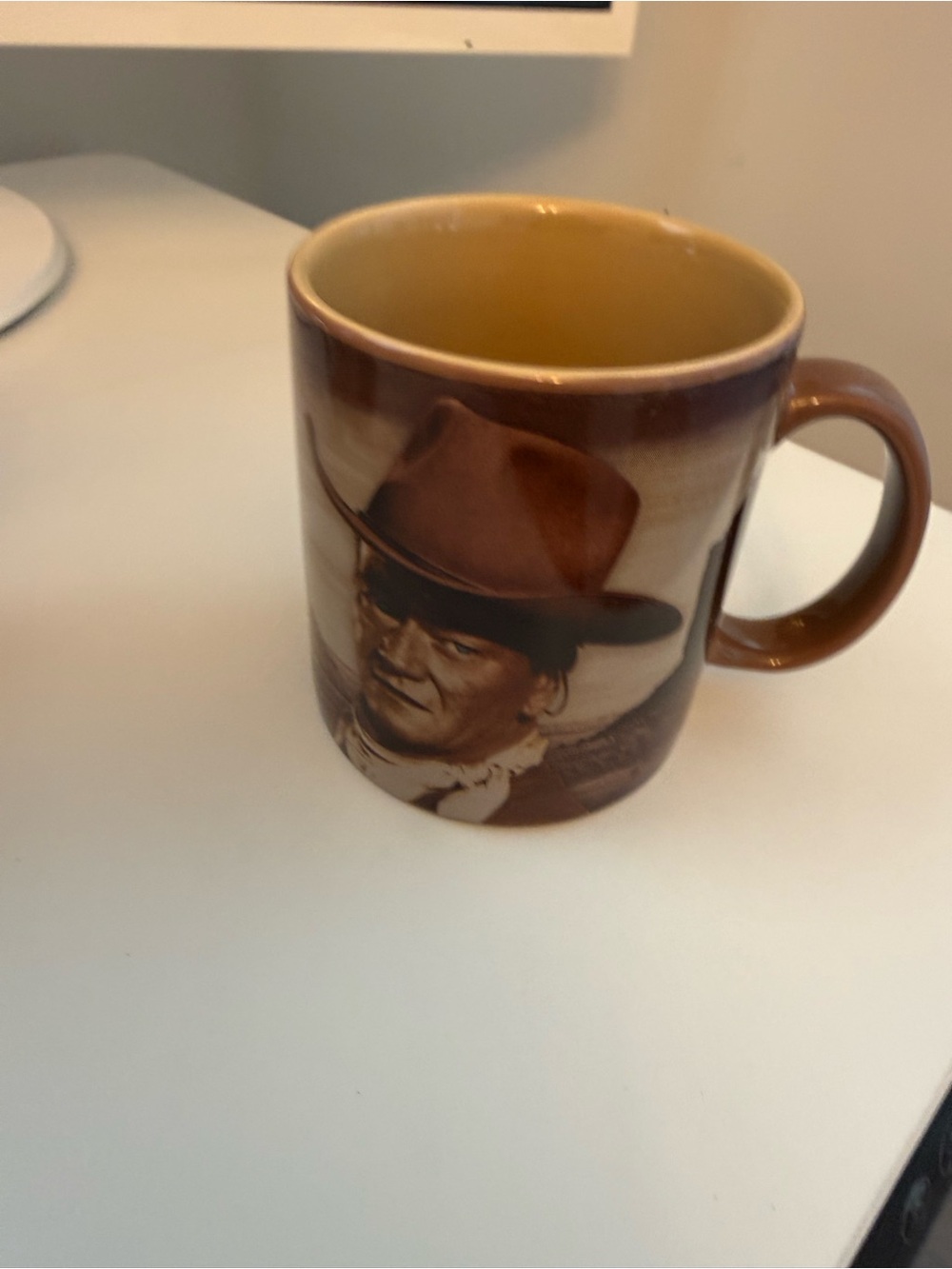 Brown Ceramic Coffee Mug with Western Portrait